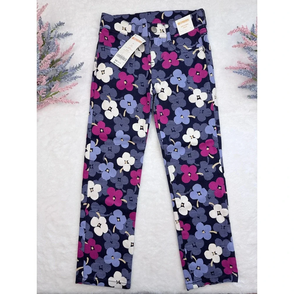 Gymboree Floral Pants Girls 5 Navy Blue Purple Retro Mod Flower Power Slim NWT